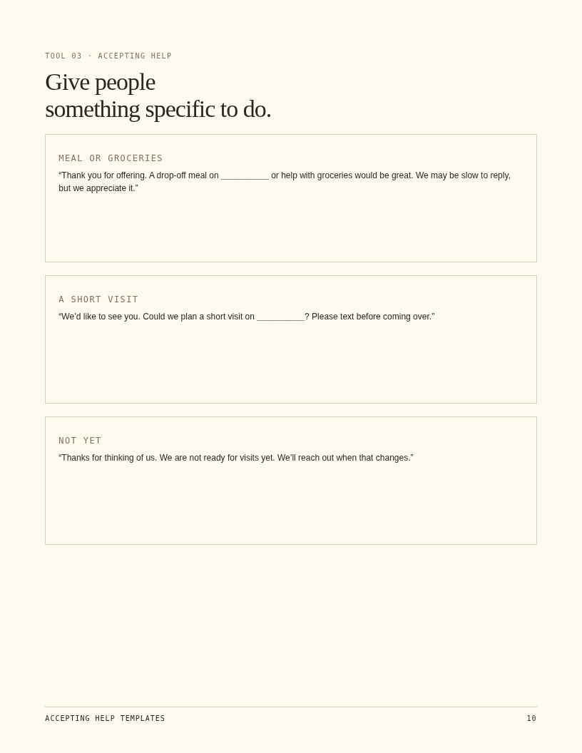 Accepting Help page with editable messages for meals, short visits, and declining visits